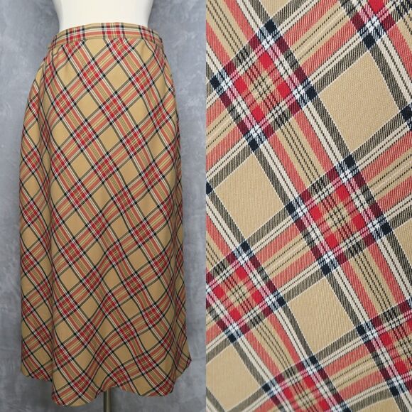Sag Harbor Dresses & Skirts - SAG HARBOR Tan Plaid Tea Length Skirt Size 14 Lined Academia Preppy